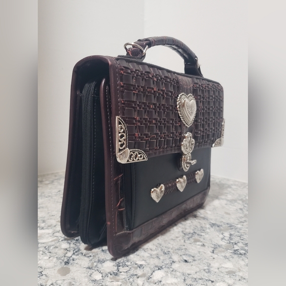 Western Croc Embossed Weaved Turnlock Briefcase Organizer Crossbody Purse - Picture 5 of 15